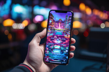 Poster - a close-up of a person's hand displaying an esports-themed smartphone with gaming apps. generative a