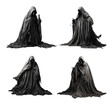 Set of isolated figures of death in the dark gray hooded cloak with hooked fingers huge nails and a skull instead of the head. Halloween