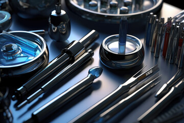 Poster - Different tools and micro tools on the table. The concept of work, the use of precision tools. Generative AI.