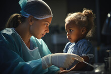 A Nurse Reassuring A Child Before Administering A Vaccination. Generative Ai.