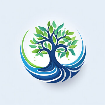 Ecology concept with green tree and blue water. Vector illustration.