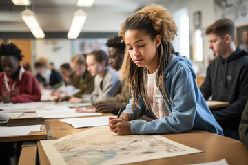 Sticker - Students participate in a classroom activity focused on the Constitution's significance, embodying the commitment to education and civic awareness. Generative Ai.