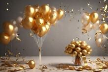 Craft An Eye-catching 3D Rendering Of A Festive Bouquet Filled With Transparent, Golden Balloons And Elegant Gold Ribbons, Accented By Serpentine And Confetti. An Excellent Choice For Party-themed Ill