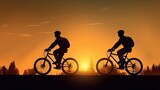 Fototapeta Łazienka - Two men ride on bicycle on the street Don and dynamic life concept nightfall time Couple of men riding on bike in a stop Blue sky with orange sun bar over the body of cyclist