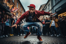 A Street Dancer Showcasing Incredible Breakdancing Skills, Defying Gravity With Each Move. Generative Ai.