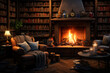 A cozy bookstore offering more than just books, with a warm fireplace and literary events. Generative Ai.