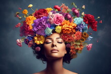 Abstract Contemporary Art Collage Portrait Of A Young Woman With Flowers On Her Head And Hair