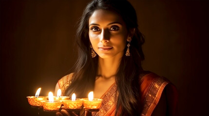 Wall Mural - beautiful hindu indian woman lighting diya on Diwali