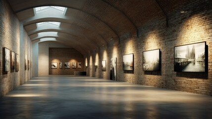 a spacious brick concrete hall in soft, light colors, illuminated by an array of stylish ceiling lamps. The hall should exude a modern industrial aesthetic, with a balance of warmth and minimalism.