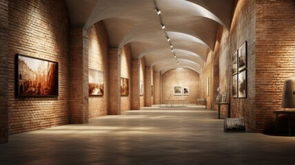 Wall Mural - a spacious brick concrete hall in soft, light colors, illuminated by an array of stylish ceiling lamps. The hall should exude a modern industrial aesthetic, with a balance of warmth and minimalism.