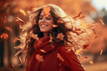 Wall Mural - Portrait of a fictional smiling Caucasian woman with long brown hair enjoying the autumn sunlight, wearing a dark orange coat and a red scarf. Concept of playfulness and optimism in the autumn season.