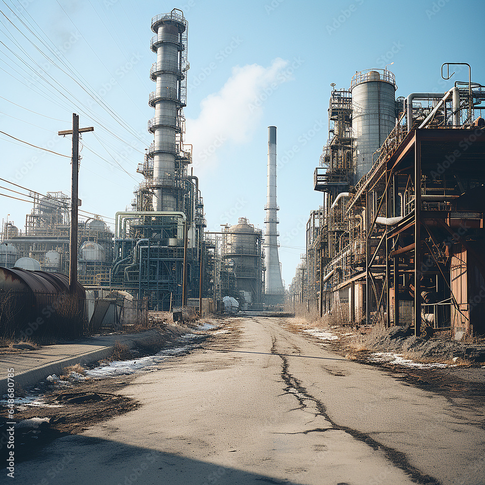 Industrial background, factory with pipes, buildings and towers, metal ...
