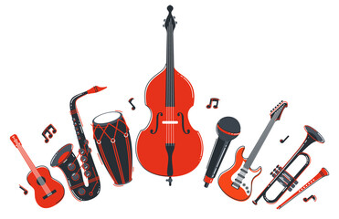 Wall Mural - Jazz music band concept different instruments vector flat illustration isolated on white background, live sound festival or concert, musician different instruments set.