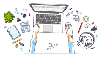 Fototapete - Work desk workspace top view with hands of office worker or entrepreneur, laptop computer and a lot of different stationery objects on table. All elements are easy to use separately. Vector.