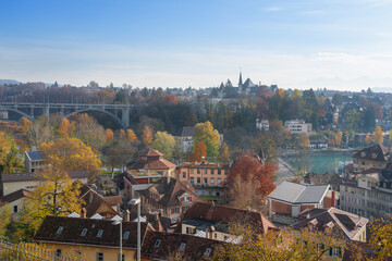 Poster - Bern in Autumn with Kirchenfeld Bridge and Aare River - Bern, Switzerland