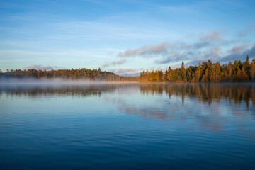 Wall Mural - trees and shoreline in early morning fog and light on a beautiful blue northern minnesota lake in se