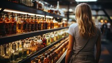A Woman Browsing In The Alcohol Aisle Of A Supermarket