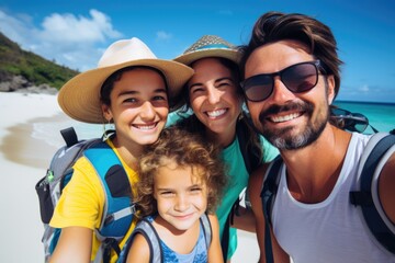 Happy young caucasian family taking a selfie with a smartphone while on a summer vacation on a sandy beach