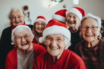 Portrait of a group of senior citizens in a nursing home decorated for christmas and the new year holidays