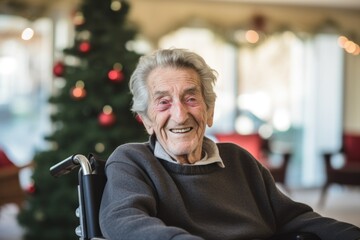 Portrait of a senior Caucasian man in a wheelchair in a nursing home decorated for Christmas and the new year holidays