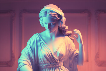 Wall Mural - Antique sculpture of a woman in headphones, neon light of nightclub