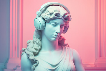 Wall Mural - Antique sculpture of a woman in headphones, neon light