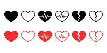 Heart Vector Icons. Set Of Heartbeat, Broken Heart, And Normal Heart Symbol Icon Collection.