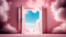 Surreal Image Of White Clouds And Light In The Blue Sky Through The Opening Pink Door Of The Room With Pink Walls, Abstract Images, Metaphors And White Fluffy Clouds Around It.