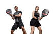 Family team. Group of two padel tennis players with racket. Woman and man athletes with paddle racket isolated on white background. Sport concept. Download a high quality photo for a sports app.