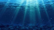 Dark Blue Ocean Surface Seen From Underwater. Illustration Of Sun Light Rays Under Water. The Relief Of The Seabed Through The Water Column. Design For Banner, Poster, Cover, Brochure Or Presentation.