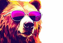 Colorful Painting Of Bear. Digital Art Of Multicolored Grizzly On White Background. Full Muzzle View. Graffiti Style. Printable Design For T-shirts, Mugs, Cases, Bags, Pillows Etc.
