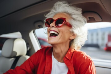 Poster - Woman in a car. Portrait with selective focus and copy space