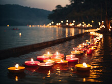 Lake With Candles Of Diwali Festival.