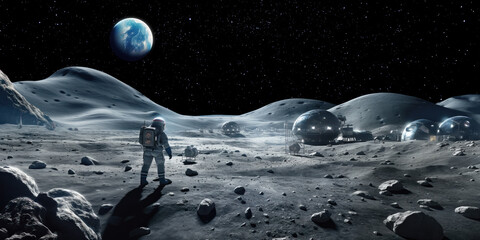 Concept of a futuristic lunar base with advanced structures, astronaut in space suit and the Earth seen in the distance