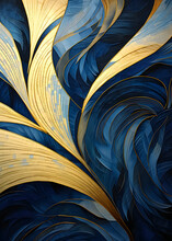 Abstract Fluid Blue Gold And White Texture, Feather Pattern, Modern Style