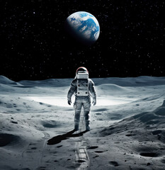 Wall Mural - astronaut stands on the lunar surface, gazing at the distant earth suspended in a star-studded sky