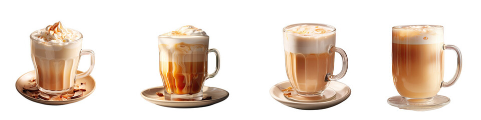 Wall Mural - Png Set Fresh hot latte coffee served on a table transparent background