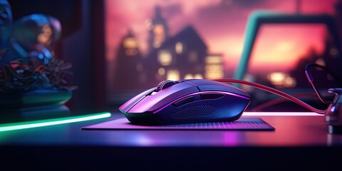 close up black mouse on table desk with pink blue light, idea for gaming gear mouse, generative ai