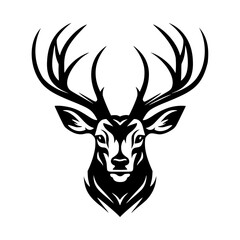 Wall Mural - Black silhouette of a deer face. Big horns wild animal. Simple black silhouette graphic. Cartoon style. Vector illustration on white isolated background.