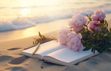 Notebook, sunset and pink peonies, romantic greeting card