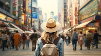 Wall Mural - Back view of Tourist woman with hat and backpack on vacation in Japan. Crowded area in Tokyo. Digital illustration generative AI.
