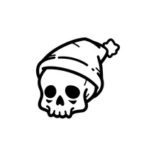 Christmas Tiny Skull Wearing A Santa Hat. Easy Drawing Line Work. Simple Vector Illustration Isolated On White Background. Christmas Mini Design For T-shirt, Tattoo, Invitation, Emblem, Stickers.