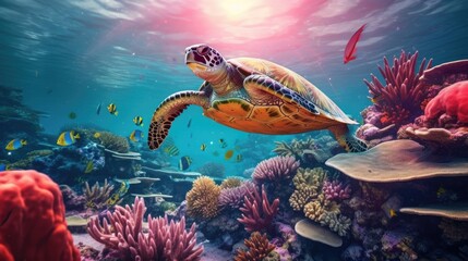 Wall Mural - Turtle is swimming in the sea