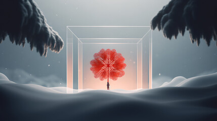 Poster - Creative layout with a big fantastic red flower in a big glass box. Minimal winter nature holiday scene.