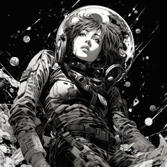 anime manga astronaut woman black and white