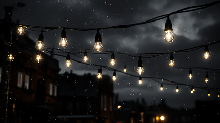 Wall Mural - White Christmas lights hung over the street - holiday decorations - black and white - monochrome - night - stylish - storm clouds 