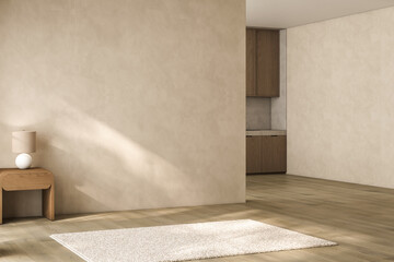 Modern interior design of apartment, kitchen, empty living room with beige wall, panorama.