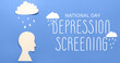 Banner for National Depression screening day with paper human head, cloud and rain drops