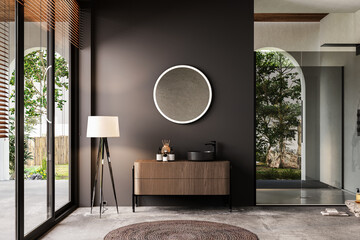Wall Mural - Modern bathroom interior with black walls, black sink with oval mirror, bathtub, grey concrete floor. Minimalist bathroom with modern furniture