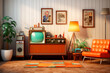 Colourful concept living room design in the style of the 70s front view of retro living room with vintage orange armchair with TV and radiogram retro interior room design with abstract wall art